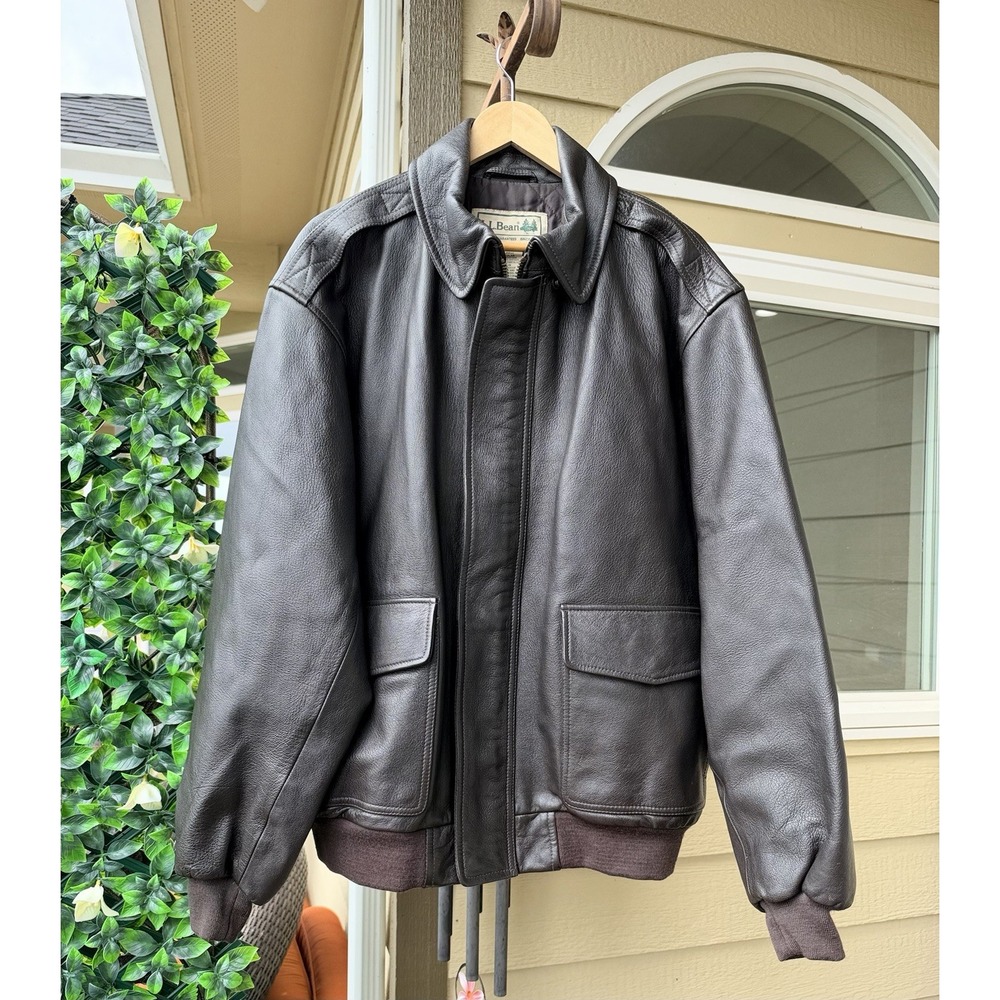 VTG LL Bean Goatskin Leather Bomber Jacket Dark Brown Size XL